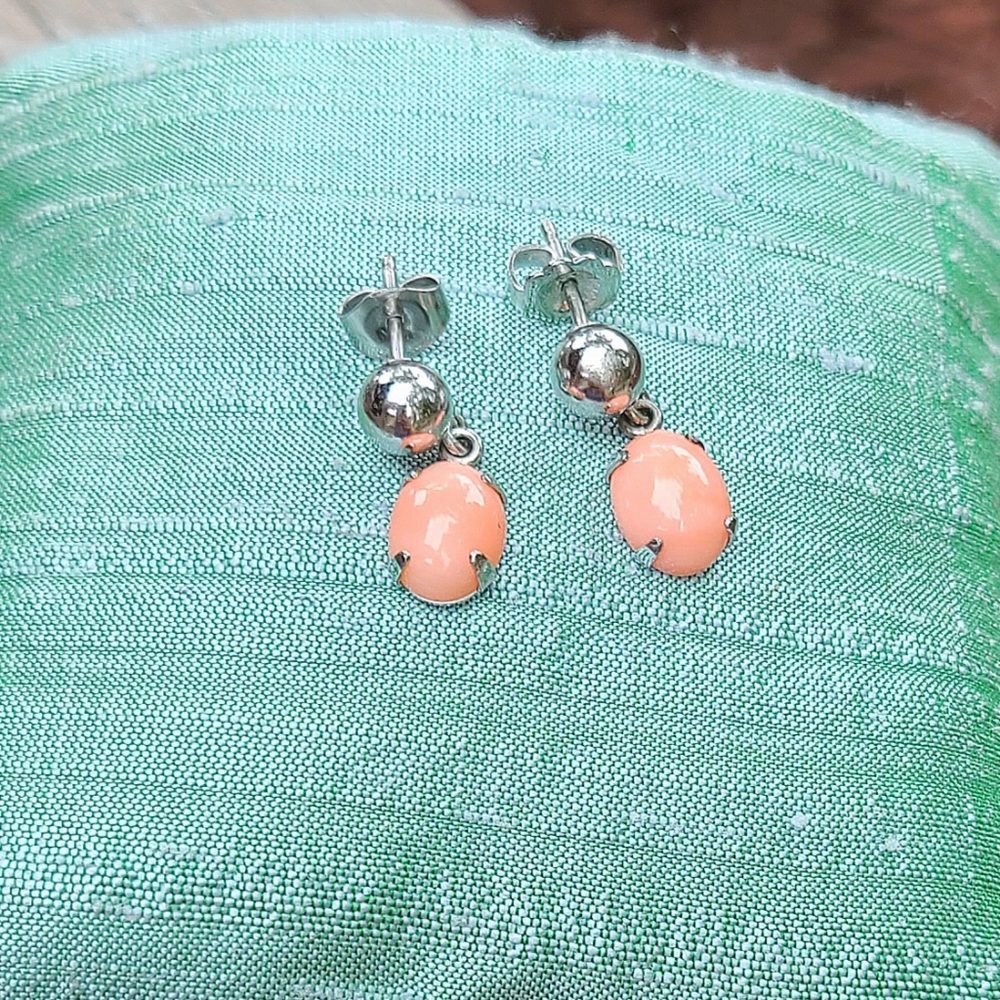 Sterling Plated Pink Coral Dangle Drop Earrings